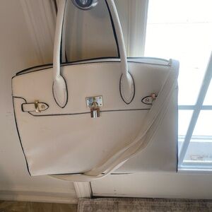 JustFab White Structured Tote Bag with Gold Accents